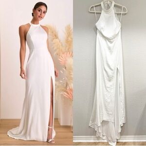 NWOT‎ Lulus Radiant Adoration White Satin Lace Backless Halter Maxi Dress
